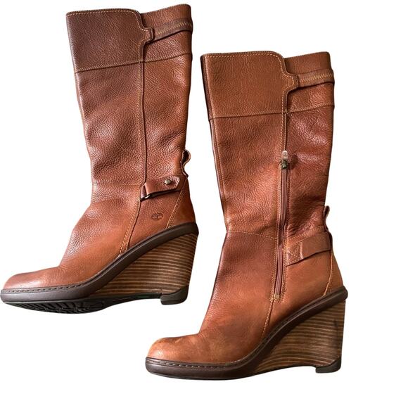 Timberland Wedge Knee Boots Pull On Caramel Brown Womens Size 8.5 Wide Synthetic - Picture 1 of 12